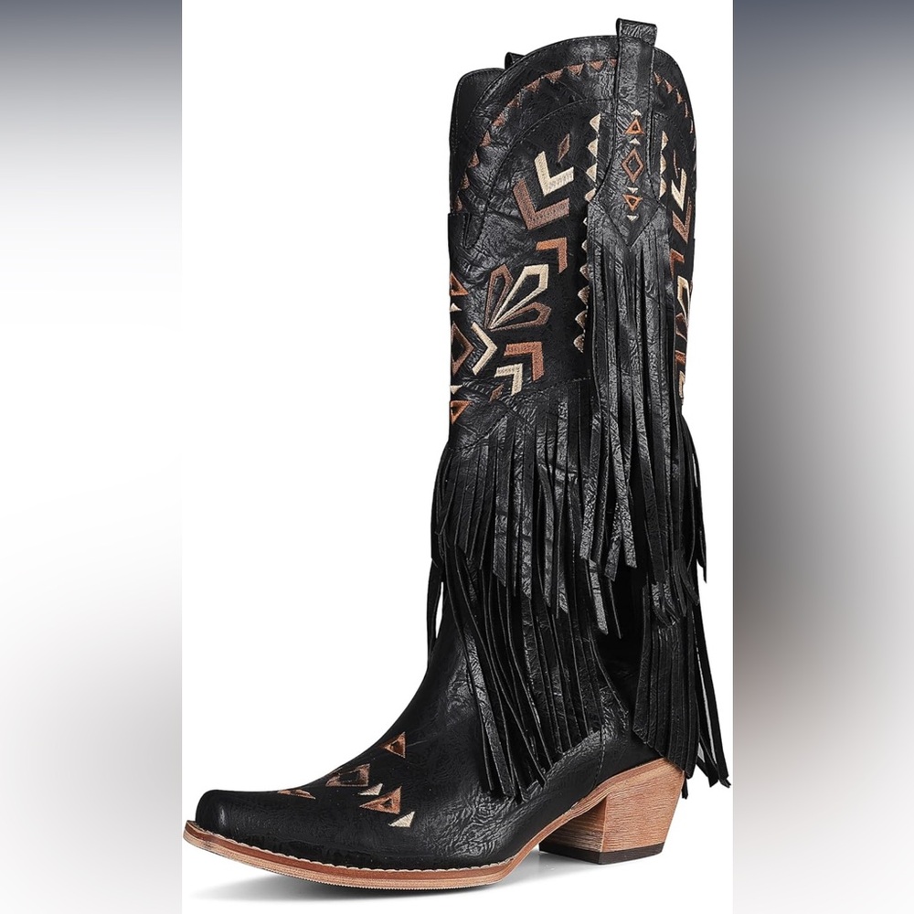 Black Fringe Western Boots - Picture 3 of 7